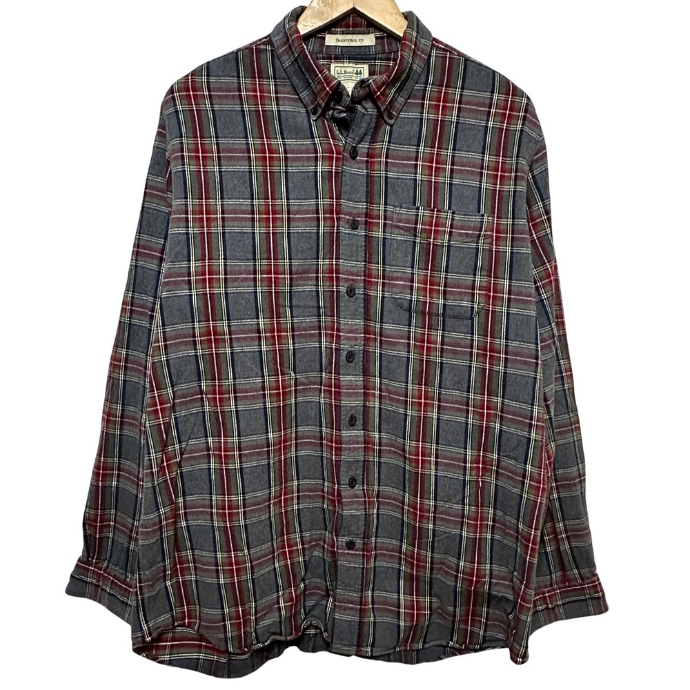 LL Bean Flannel Shirt Mens L Tall Gray Red Plaid Traditional Fit Cotton Outdoor
